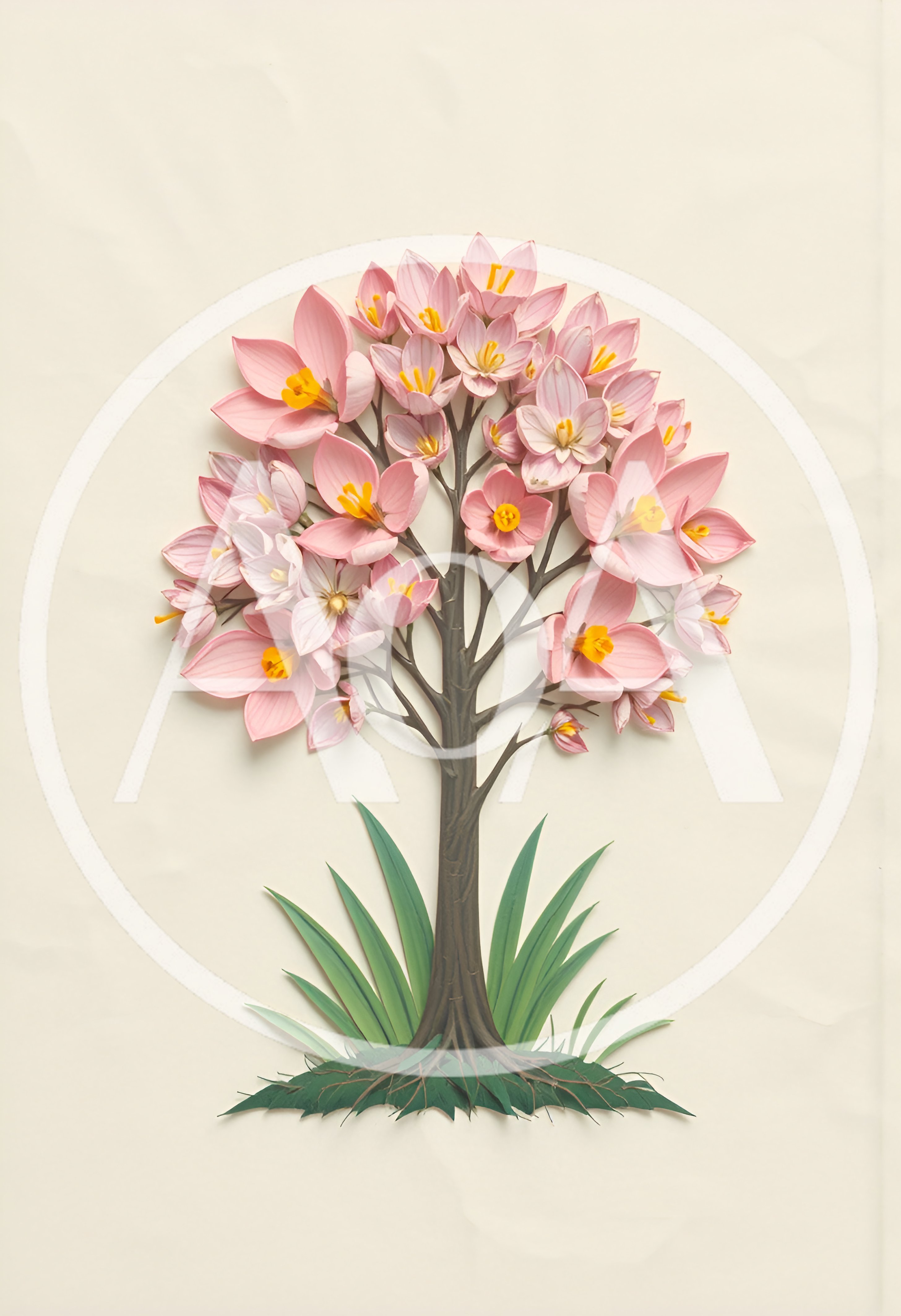 Paper Cutout Style Pink Flower Tree Illustration