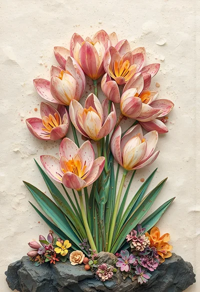 3D Relief Sculpture of Pink Crocus Flowers