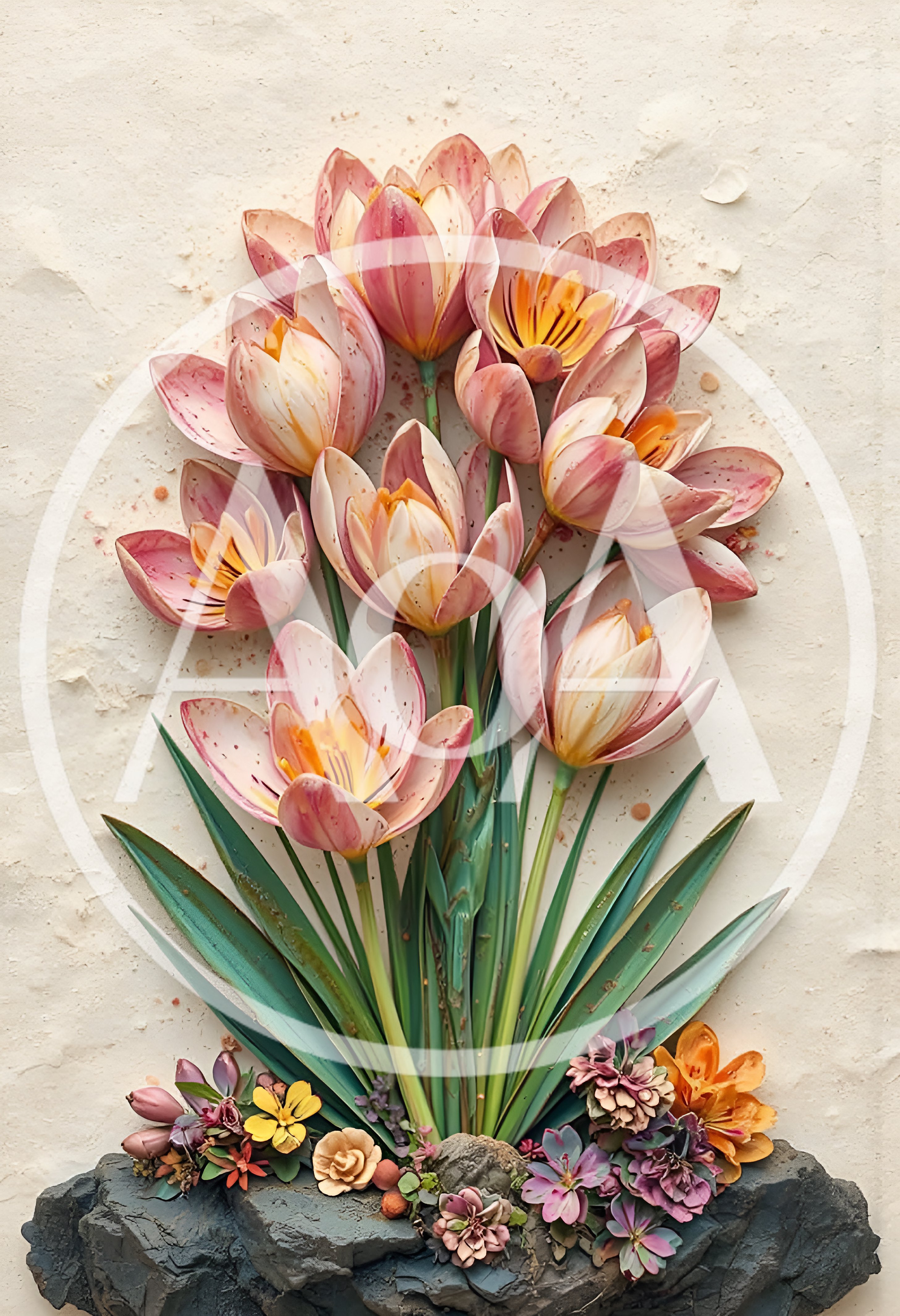 3D Relief Sculpture of Pink Crocus Flowers