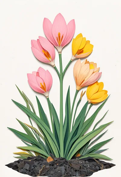 Paper Cutout Style Illustration Of Colorful Crocus Flowers