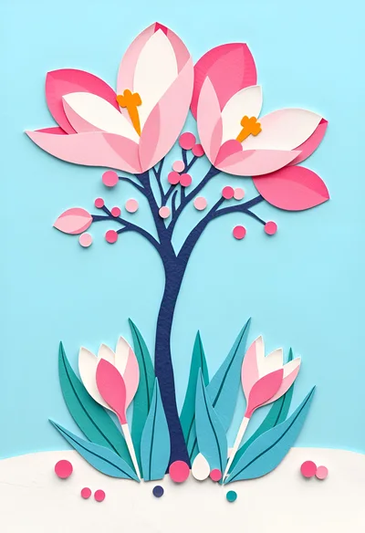 Paper Craft Illustration Of Spring Flowers And Tree