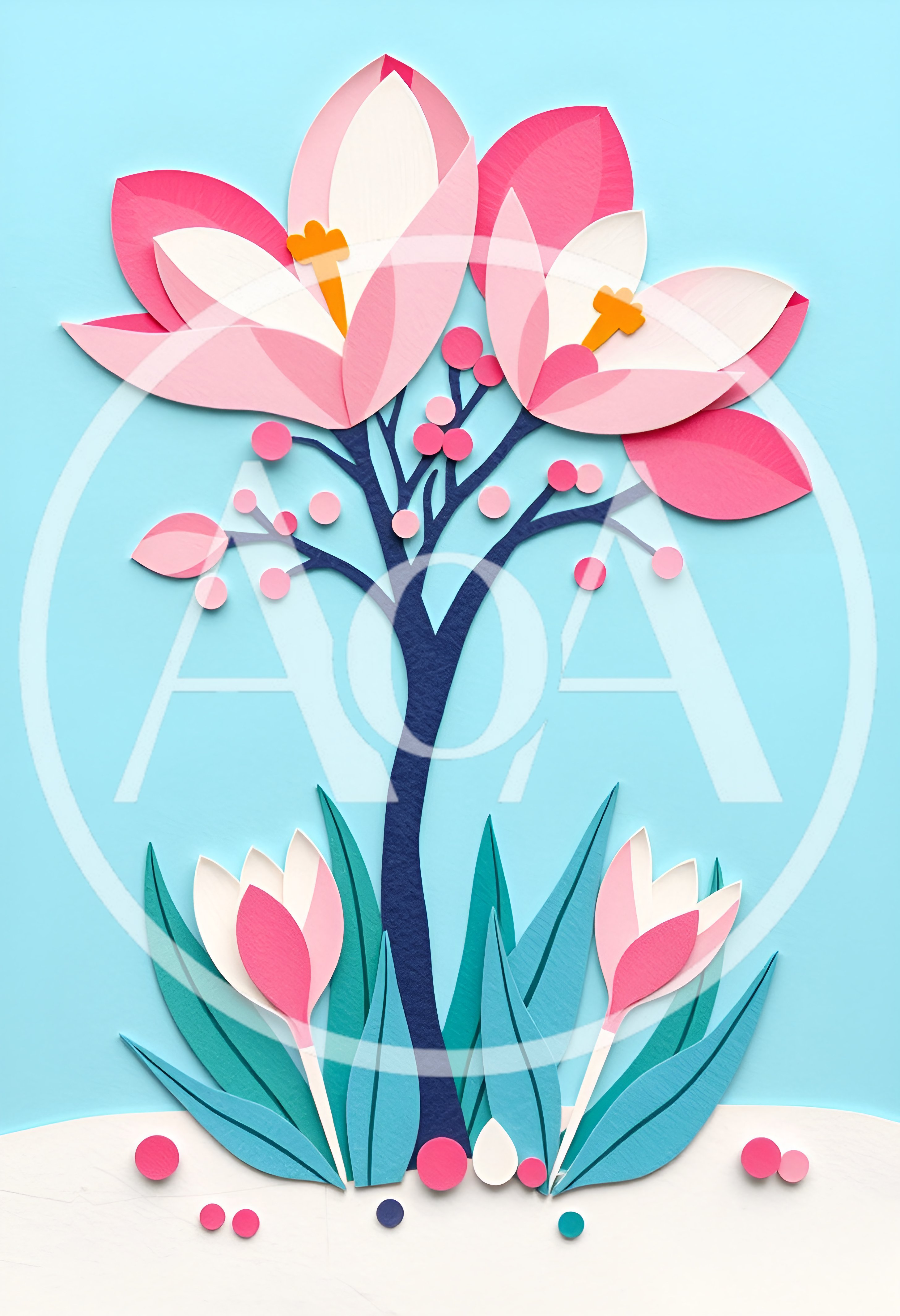 Paper Craft Illustration Of Spring Flowers And Tree