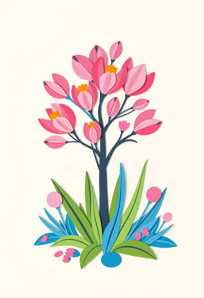 Paper Cutout Illustration Of A Pink Flowering Tree