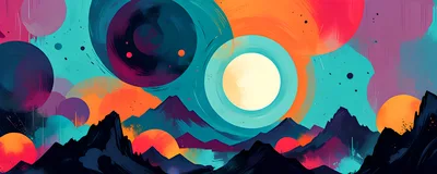 Abstract Surreal Landscape With Vibrant Planets And Mountains