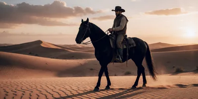 Cowboy Riding A Black Horse Through Desert Dunes