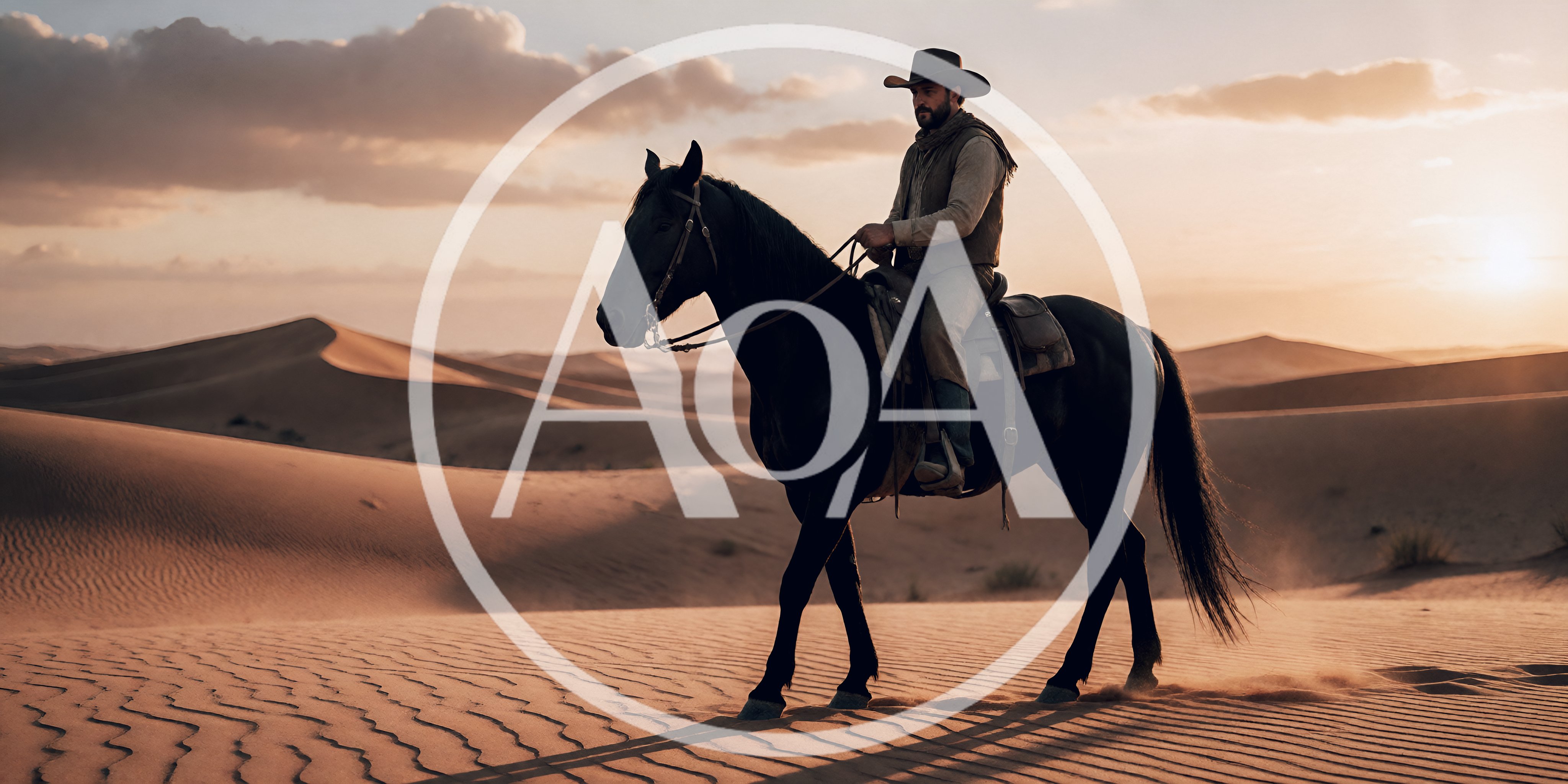 Cowboy Riding A Black Horse Through Desert Dunes