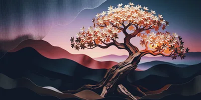 Stylized Bonsai Tree Against Abstract Layered Mountain Landscape