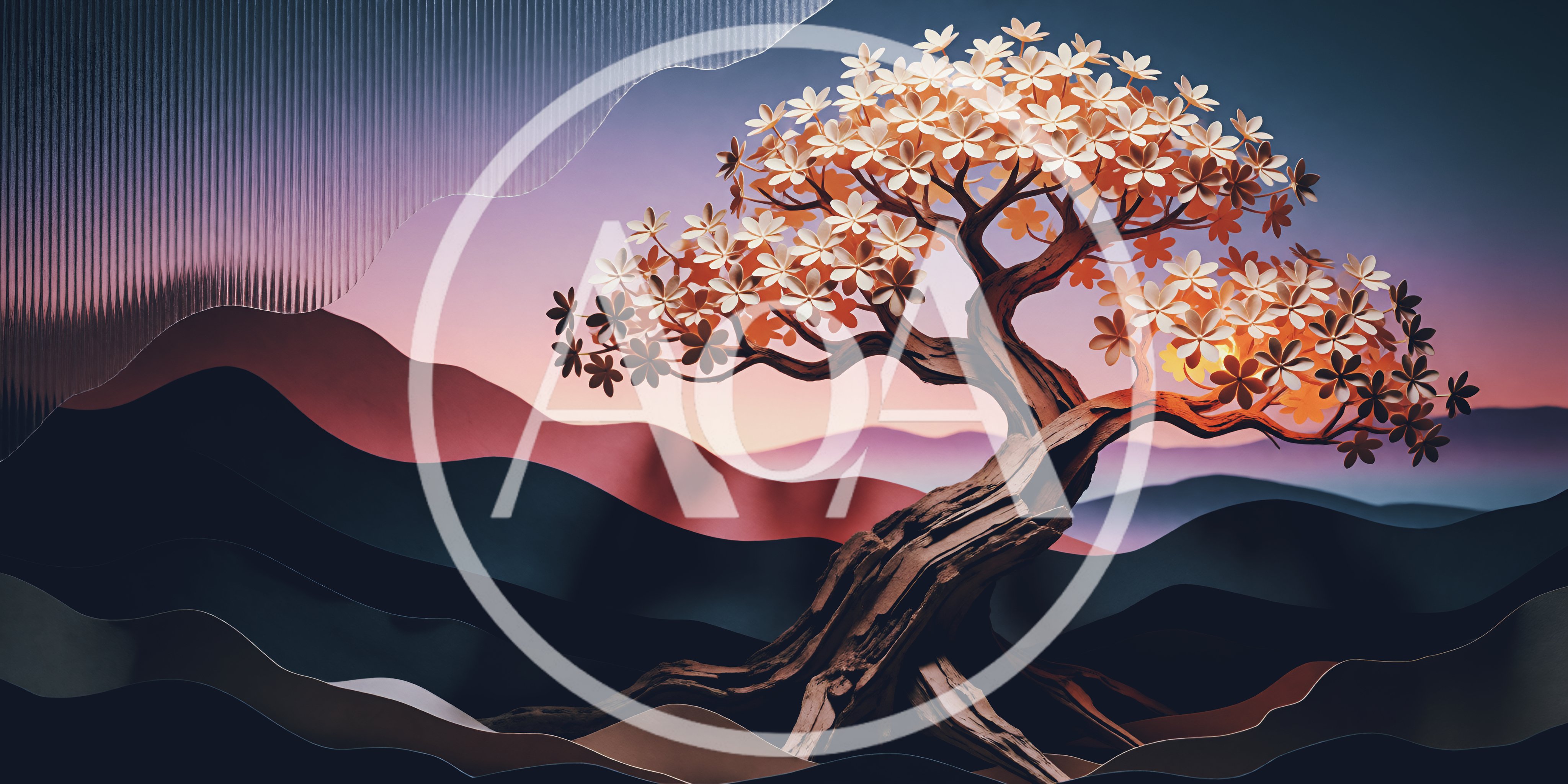 Stylized Bonsai Tree Against Abstract Layered Mountain Landscape