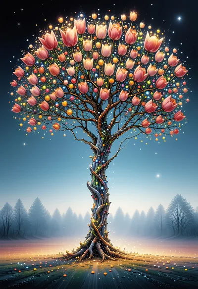 Magical Tree With Glowing Tulip Blossoms