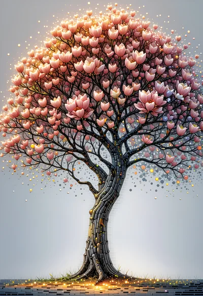 Stylized Tree With Pink Blossoms And Glowing Particles
