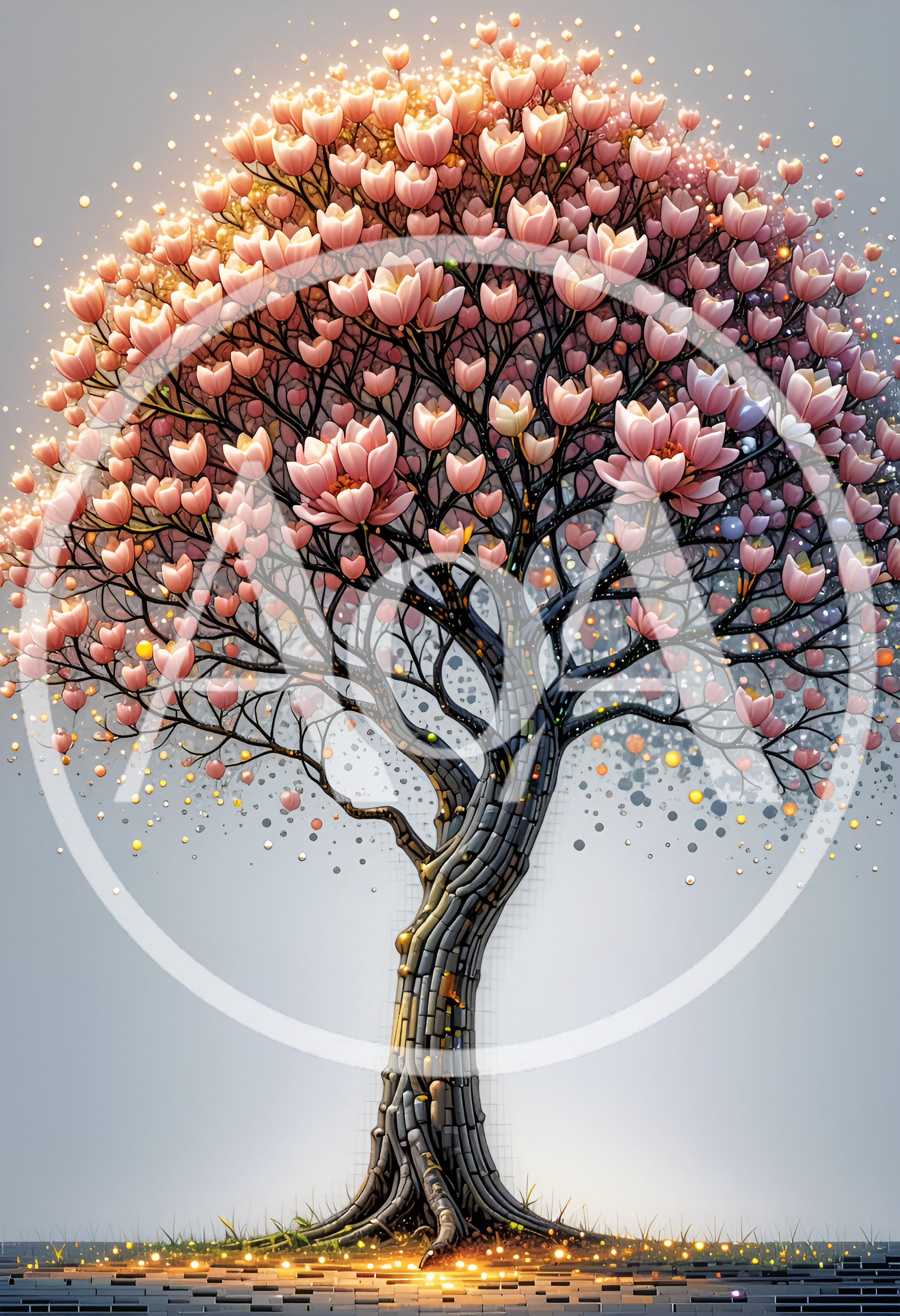 Stylized Tree With Pink Blossoms And Glowing Particles