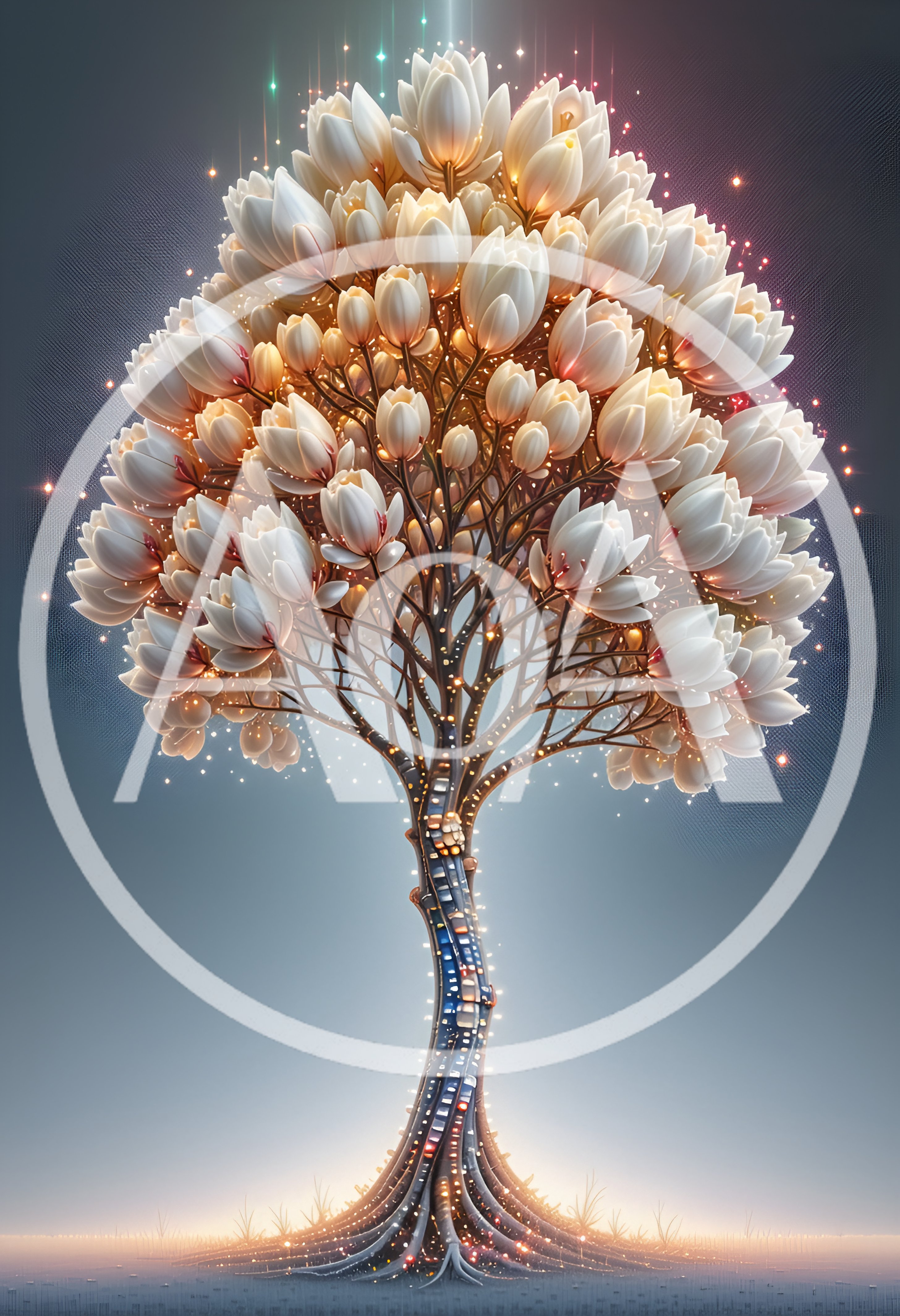 Glowing Fantasy Tree With White Lotus Flowers
