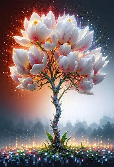 Digital Fantasy Tree With Glowing White Lotus Flowers