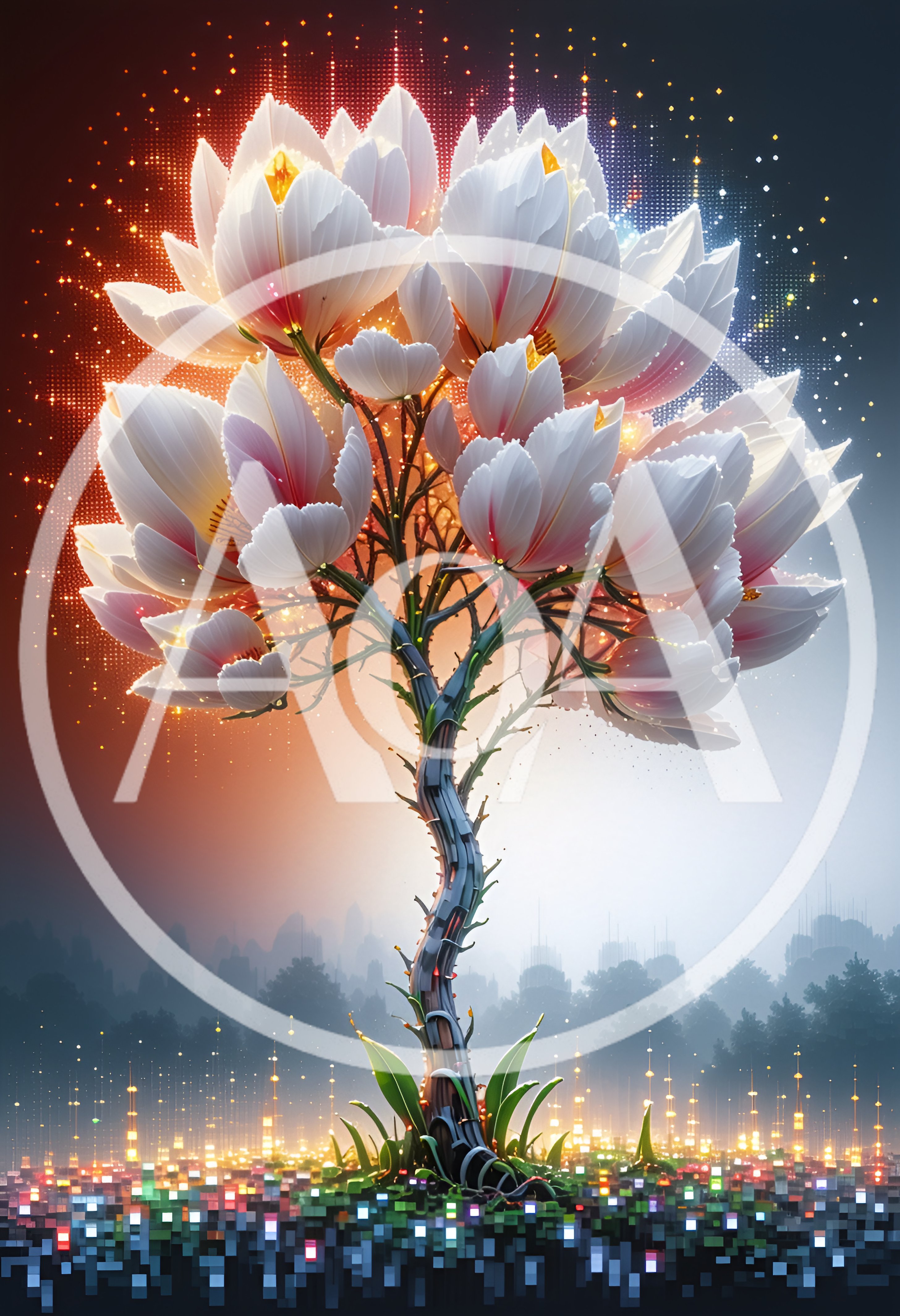 Digital Fantasy Tree With Glowing White Lotus Flowers