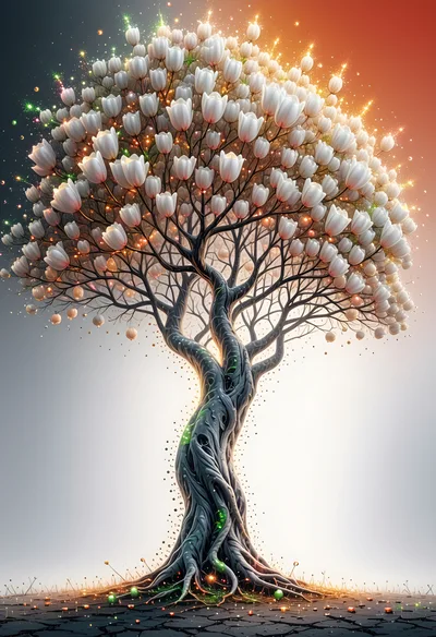 Surreal Magical Tree With White Tulip Blossoms