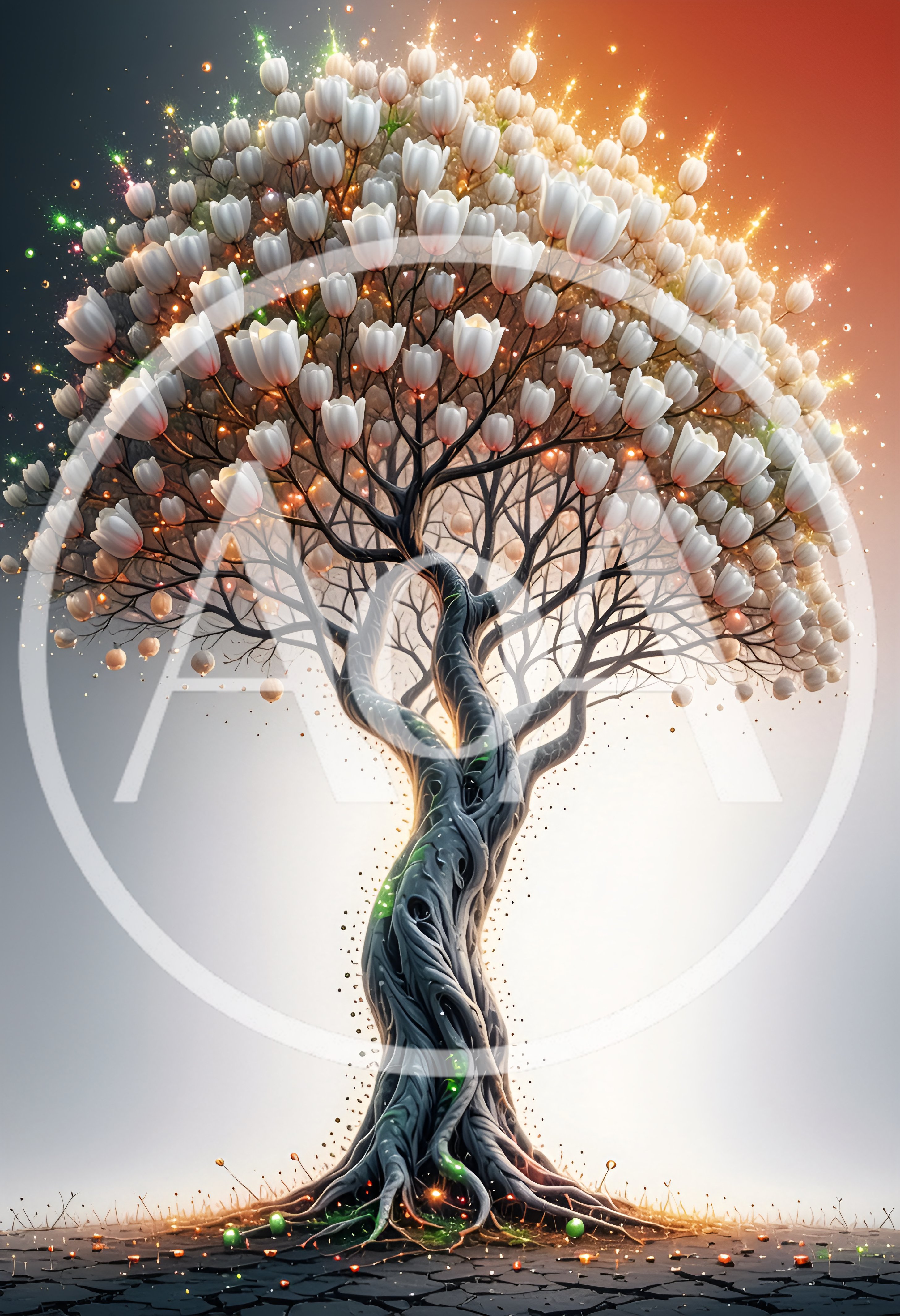 Surreal Magical Tree With White Tulip Blossoms