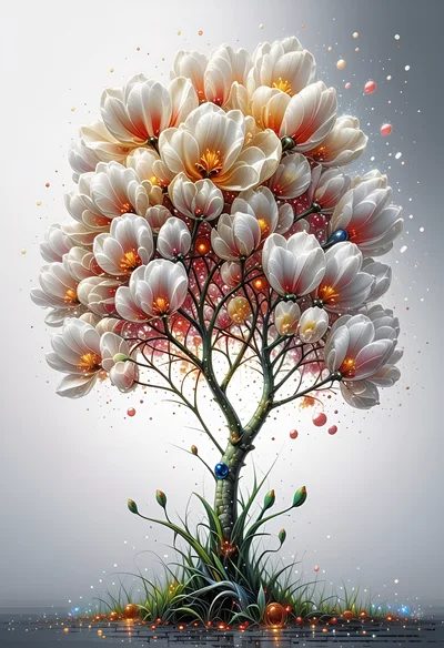 Whimsical Flowering Tree With Glowing Petals