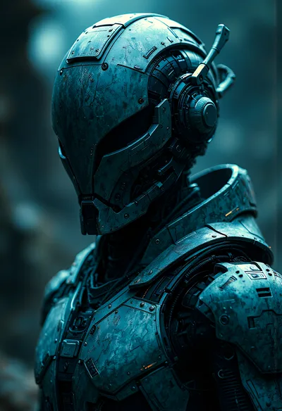 Futuristic Cyborg Soldier In Weathered Tactical Armor