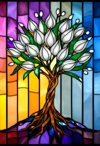 Stained Glass Tree With White Flowers Art