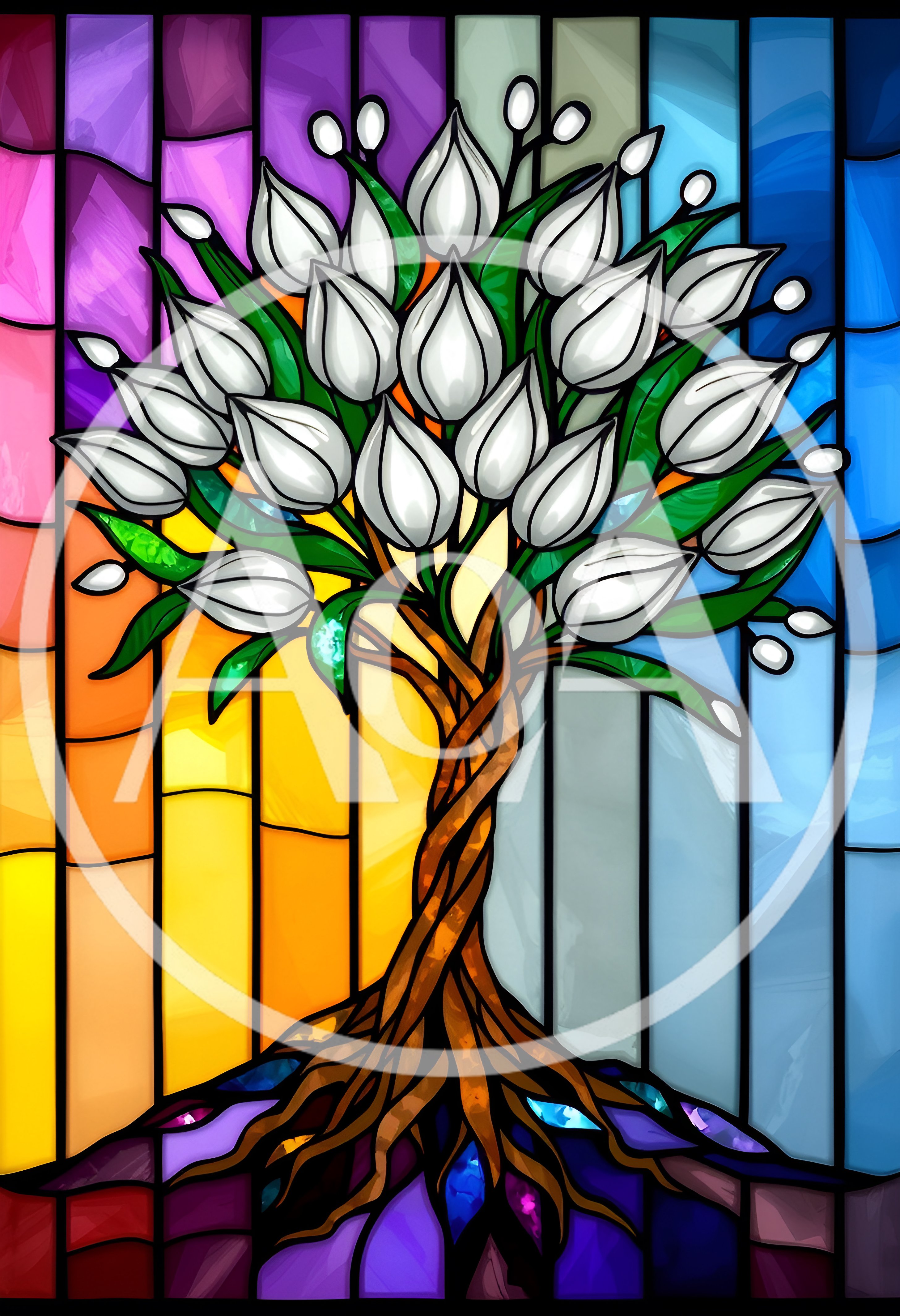 Stained Glass Tree With White Flowers Art