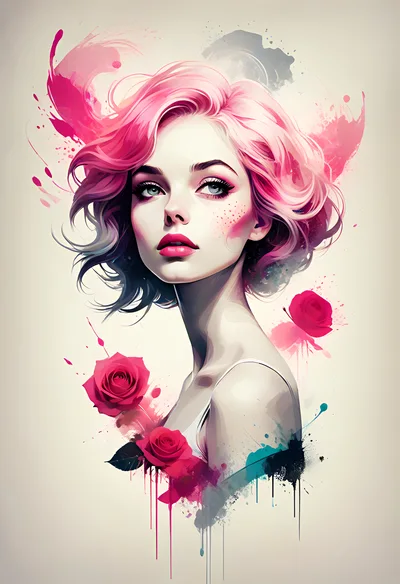Digital Illustration Of A Woman With Pink Hair