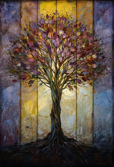 Abstract Oil Painting Of A Vibrant Tree Of Life