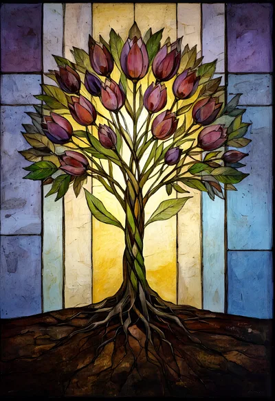 Stained Glass Tree With Tulips And Roots