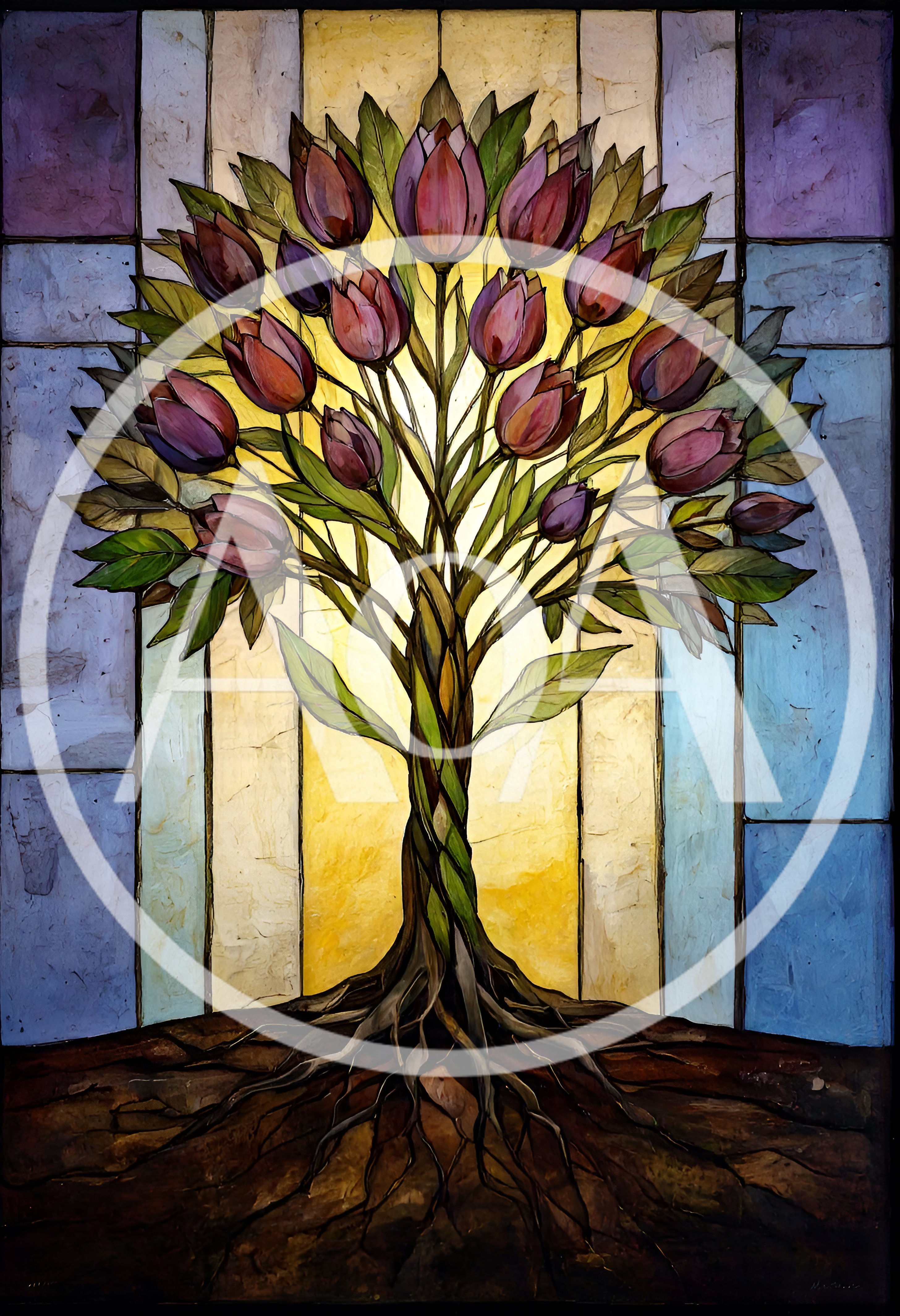 Stained Glass Tree With Tulips And Roots