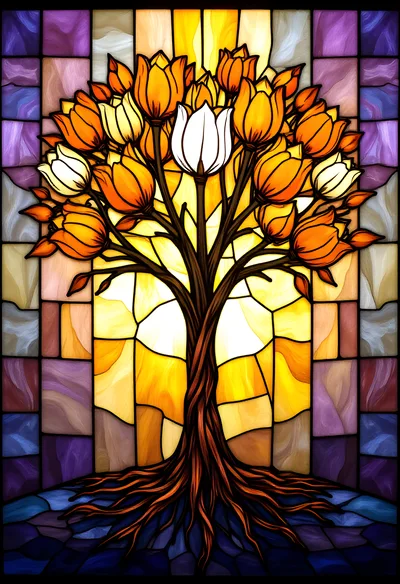 Stained Glass Tree With Orange And White Tulips
