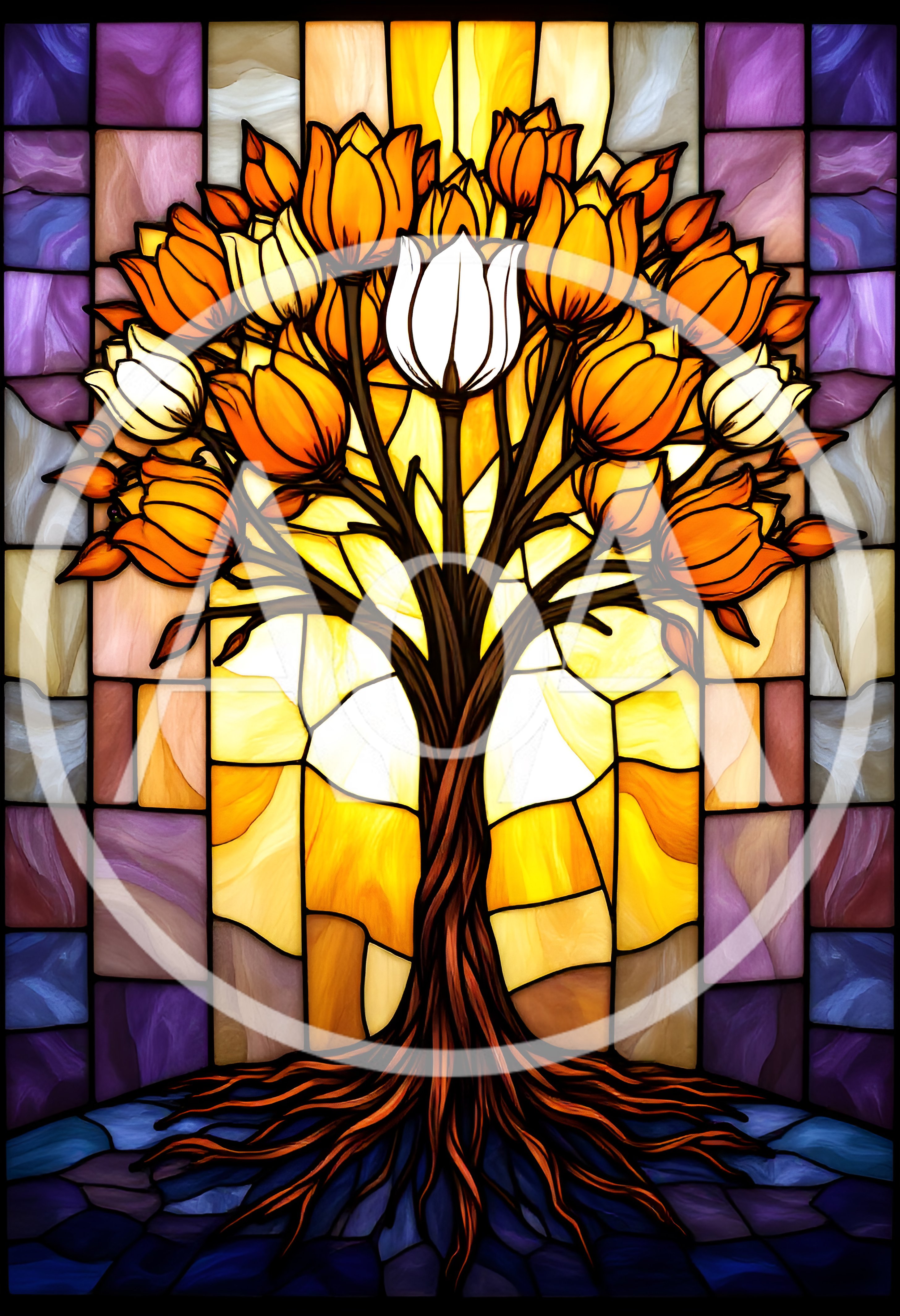 Stained Glass Tree With Orange And White Tulips