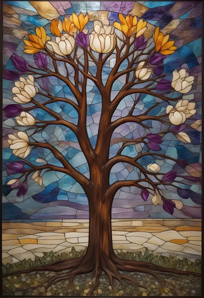 Stained Glass Tree With Colorful Blossoms