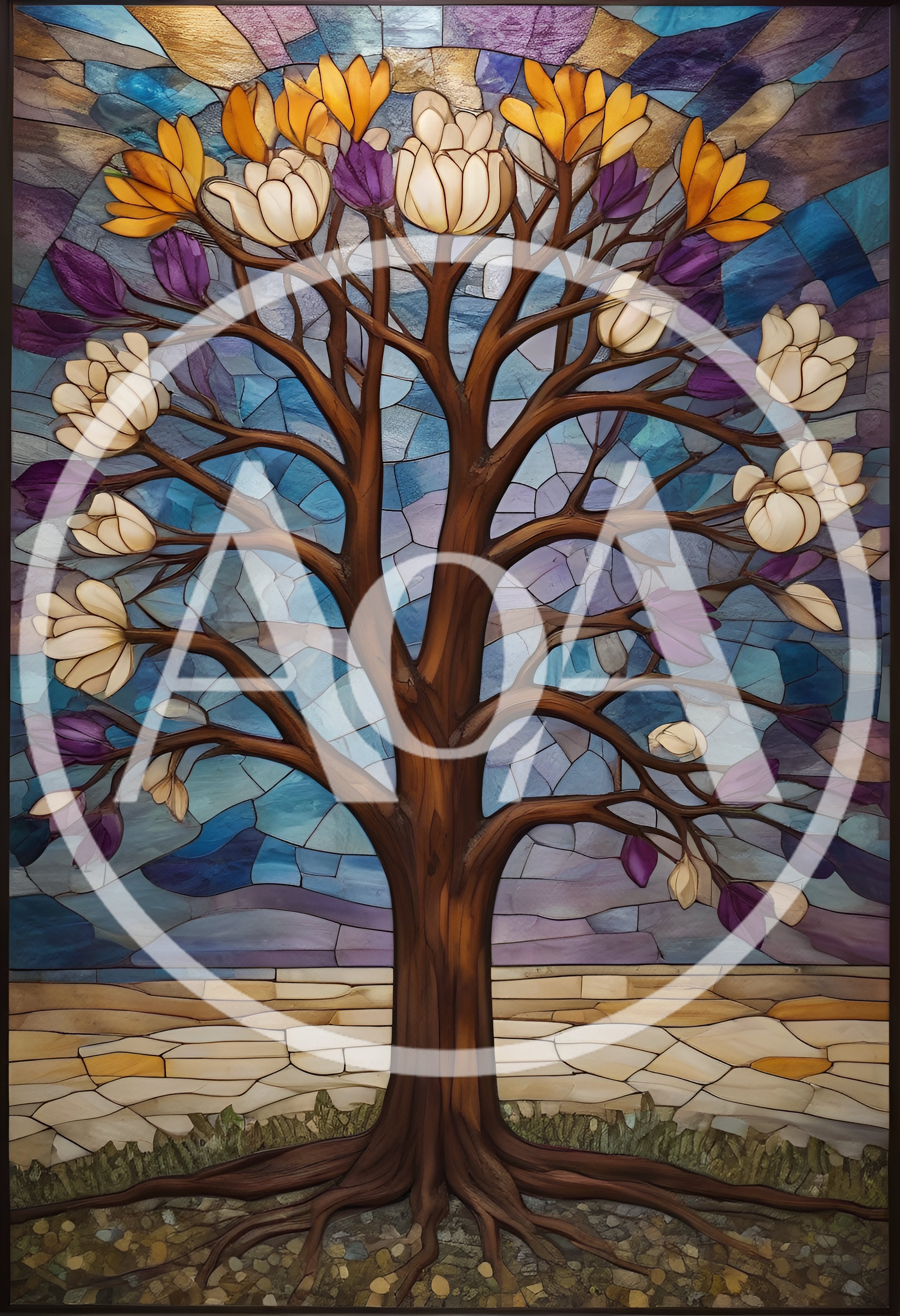 Stained Glass Tree With Colorful Blossoms