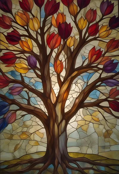 Stained Glass Tree With Colorful Tulip Blossoms