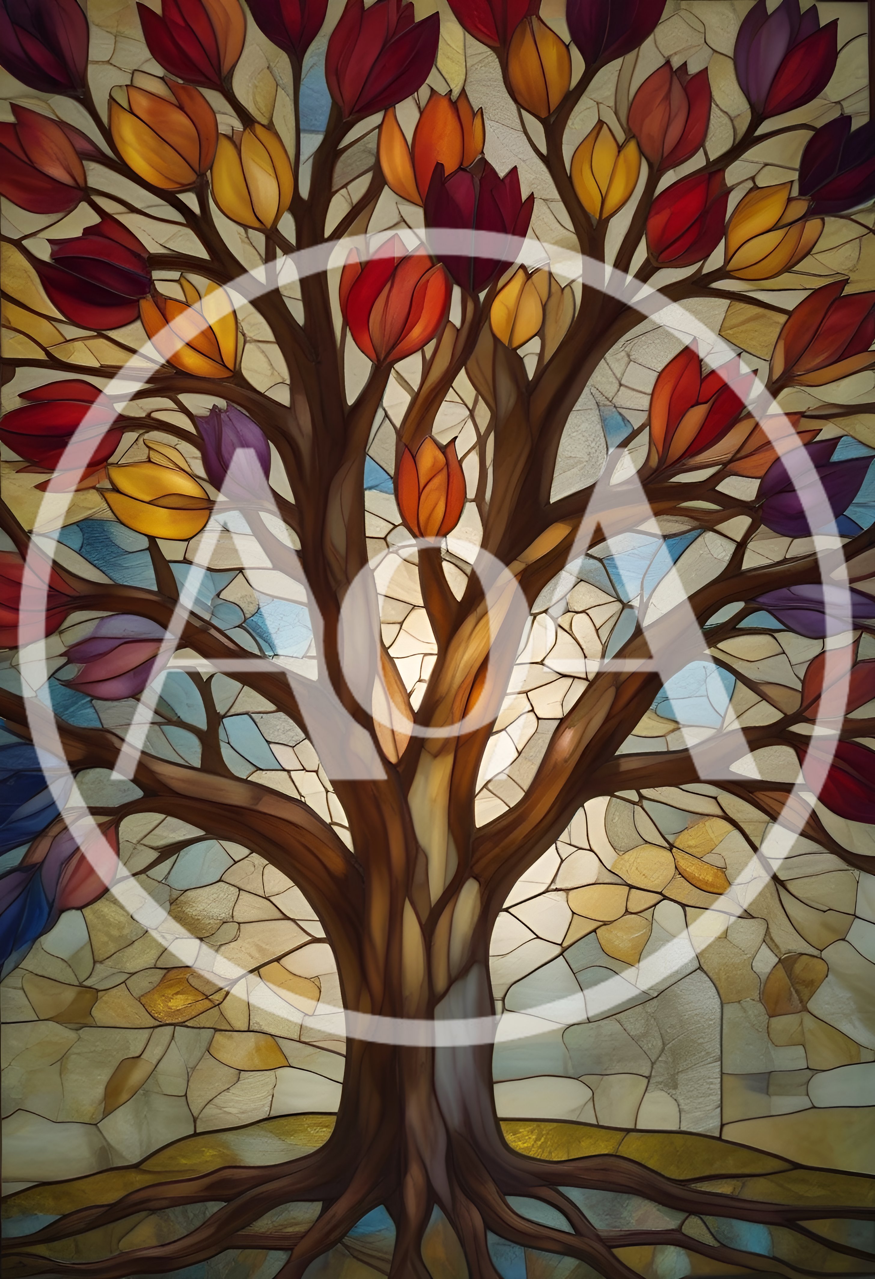 Stained Glass Tree With Colorful Tulip Blossoms