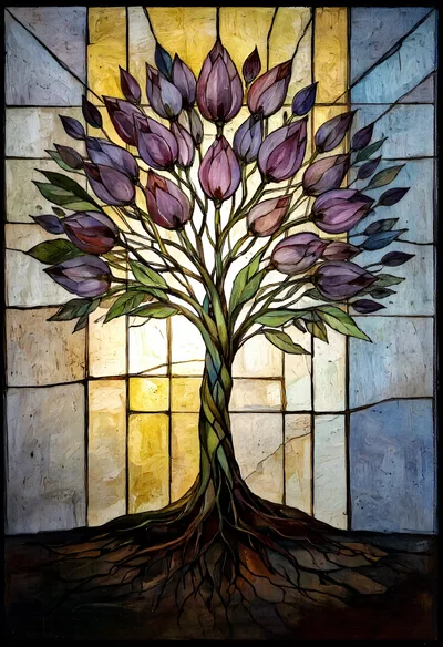 Stained Glass Tree With Purple Flowers And Roots