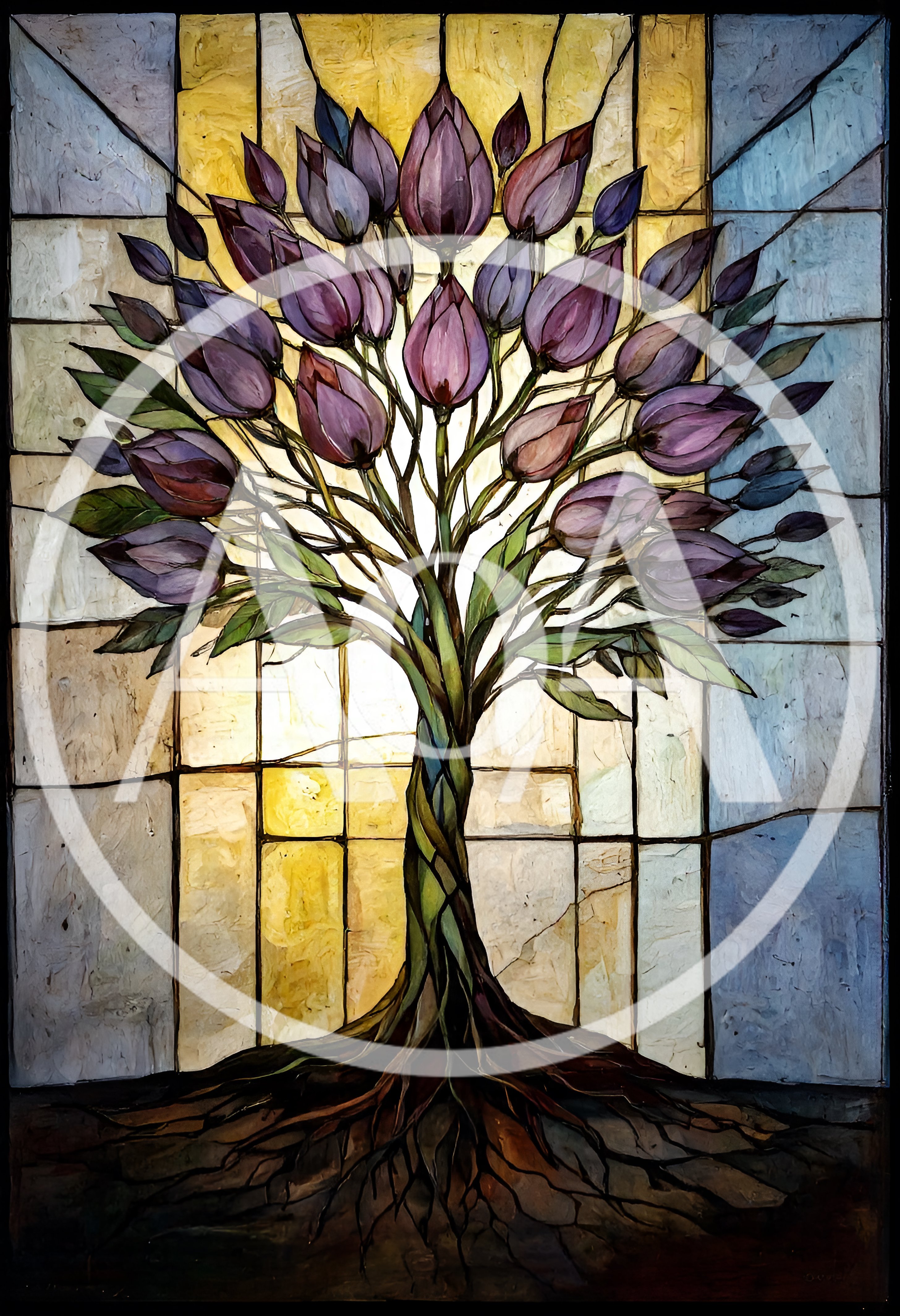 Stained Glass Tree With Purple Flowers And Roots