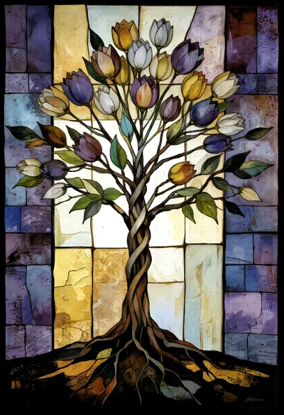 Stained Glass Tree With Tulip Blossoms