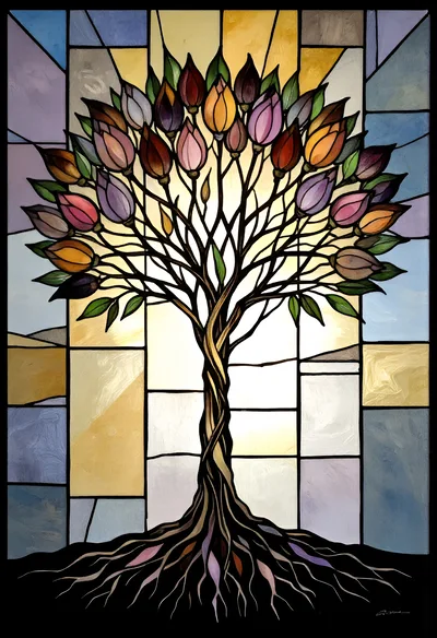 Stained Glass Tree With Colorful Tulip Blossoms