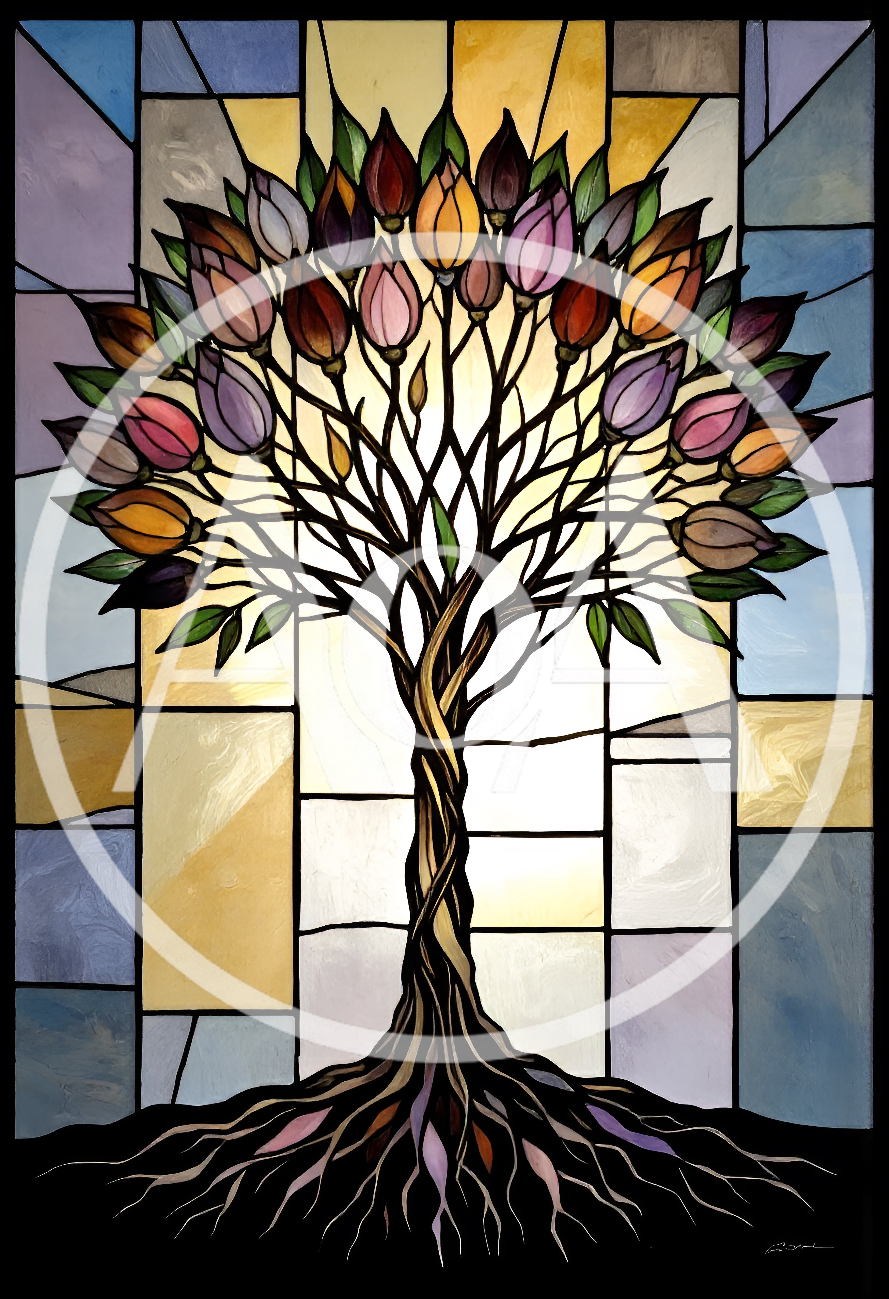 Stained Glass Tree With Colorful Tulip Blossoms