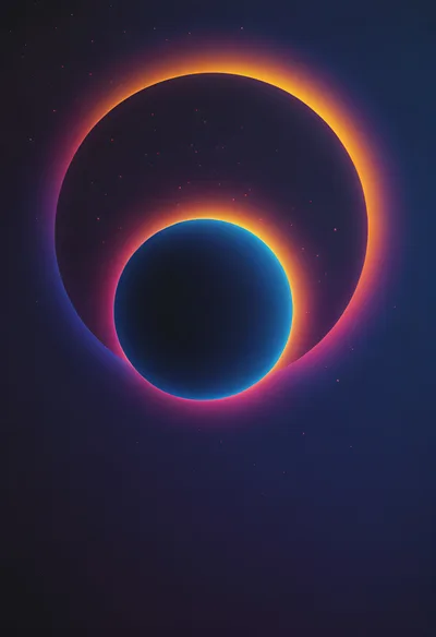 Abstract Cosmic Eclipse With Glowing Neon Planet Rings