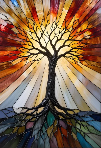 Stained Glass Tree Of Life With Radiant Sunburst
