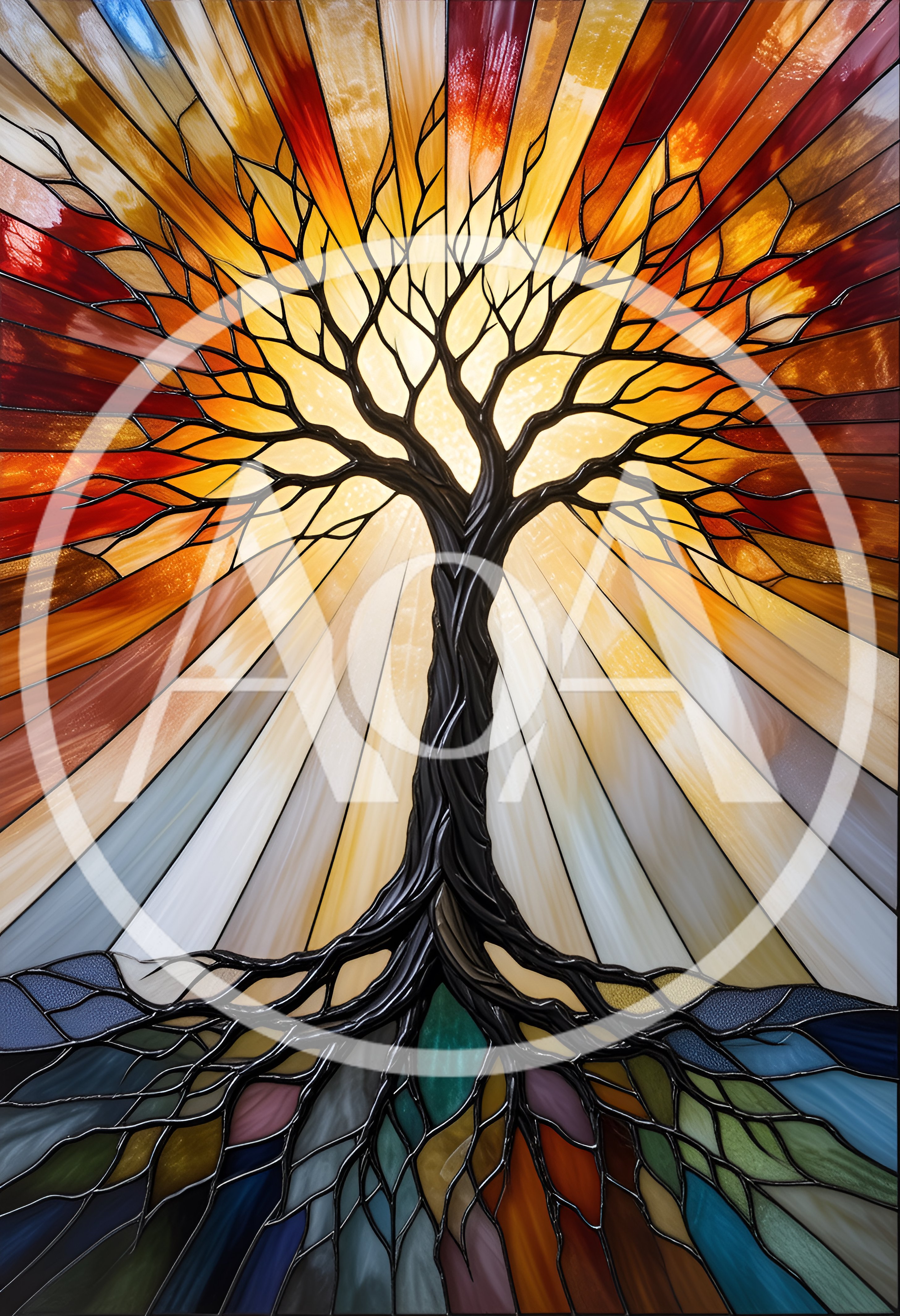 Stained Glass Tree Of Life With Radiant Sunburst