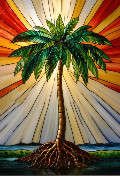 Stained Glass Palm Tree With Radiant Sunburst Background