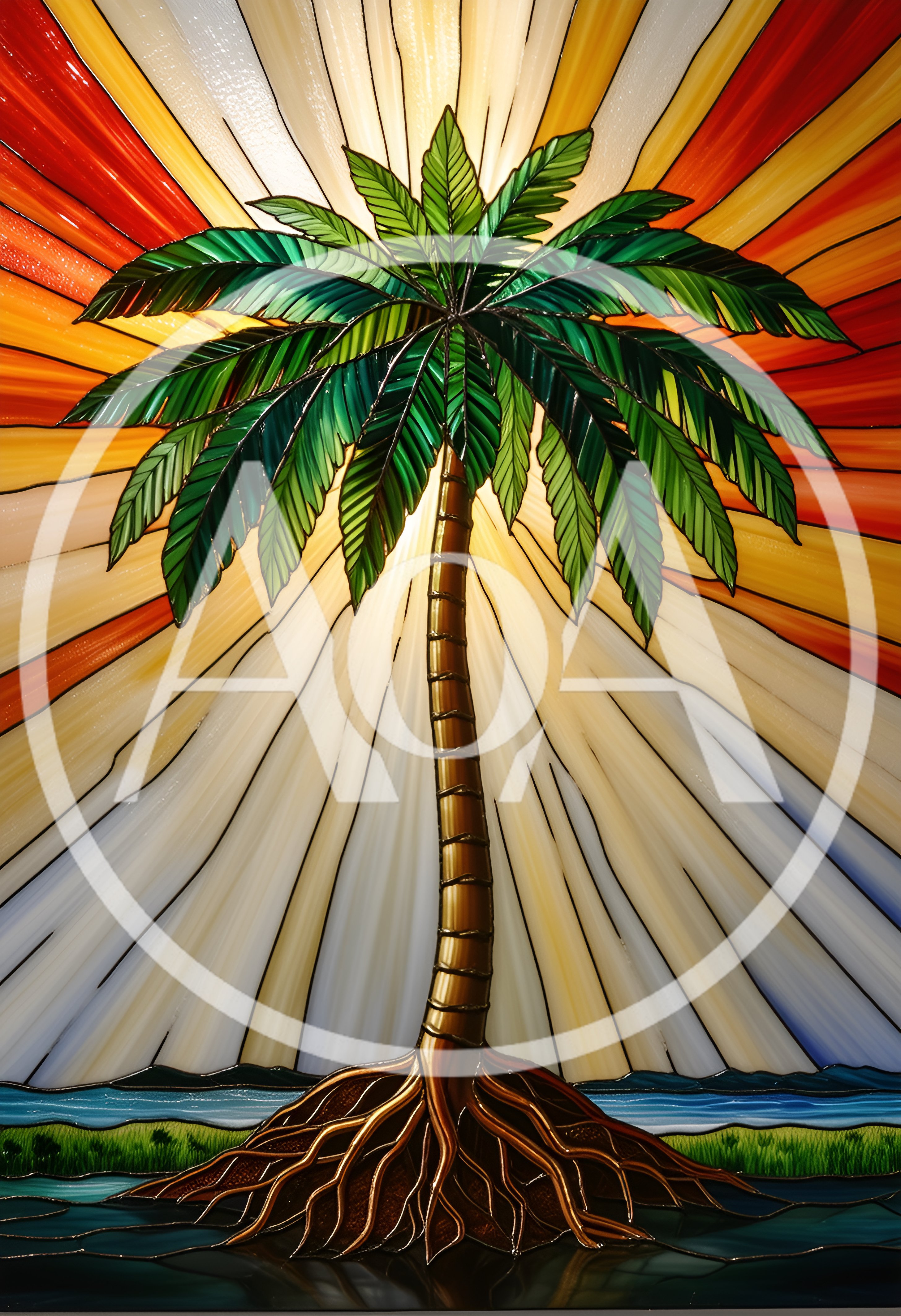 Stained Glass Palm Tree With Radiant Sunburst Background