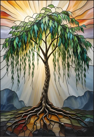 Stained Glass Willow Tree With Radiant Sunburst Background