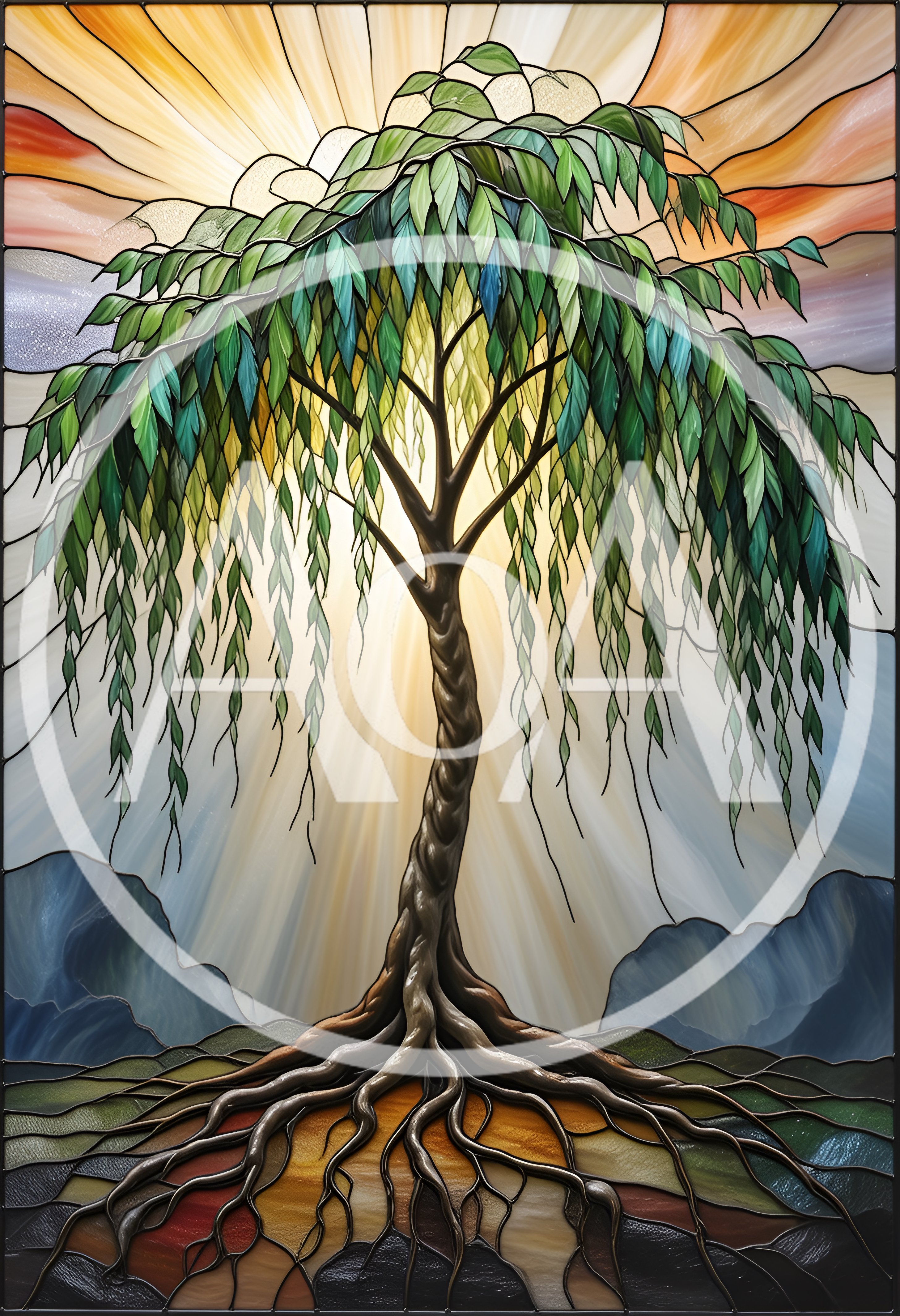Stained Glass Willow Tree With Radiant Sunburst Background