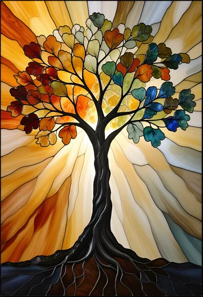 Stained Glass Tree Of Life With Radiant Sunburst Background