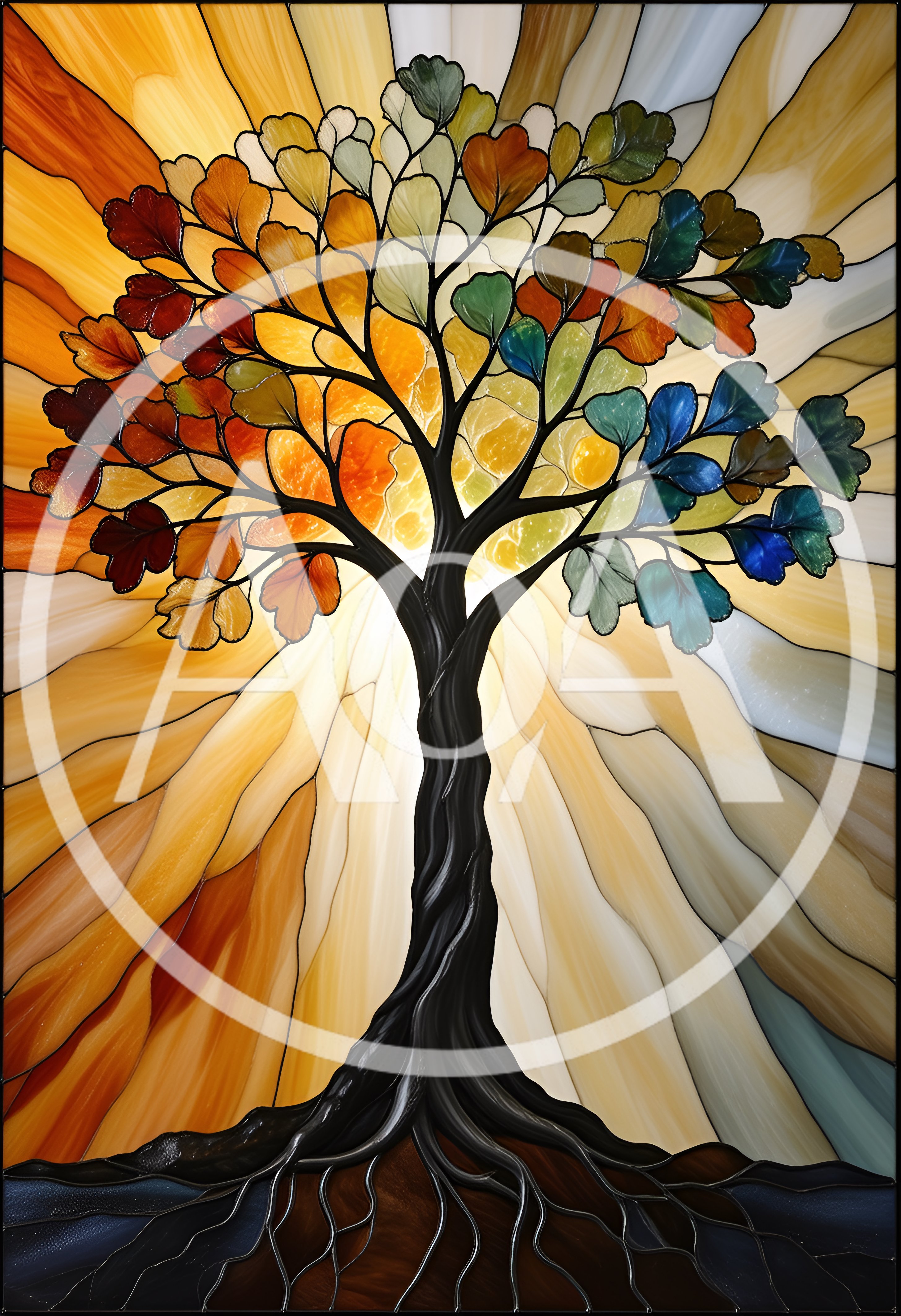 Stained Glass Tree Of Life With Radiant Sunburst Background