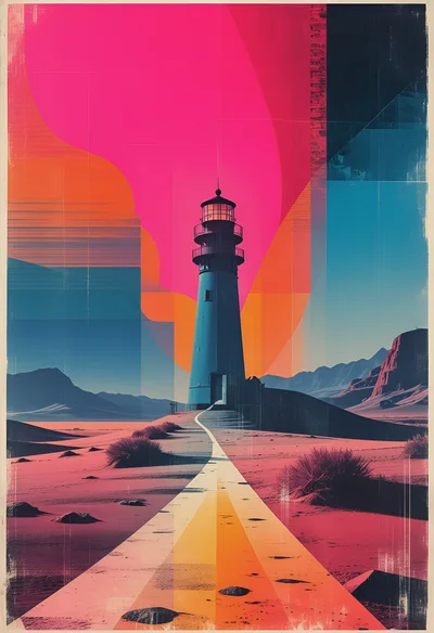 Surreal Lighthouse Landscape With Vibrant Abstract Background