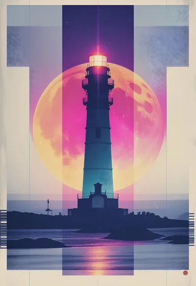 Lighthouse Silhouette Against A Large Glowing Moon